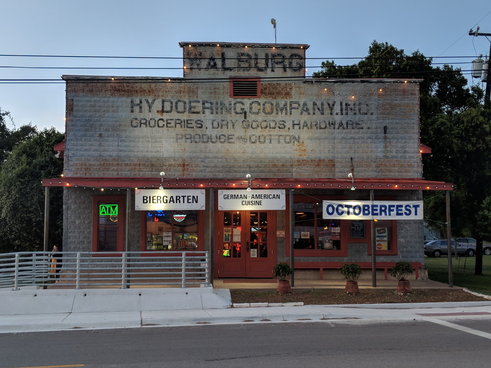 Photo of the Walburg Restaurant and Biergarten in Walburg, Texas, a short drive from the Heywood Hotel in Austin, Texas.