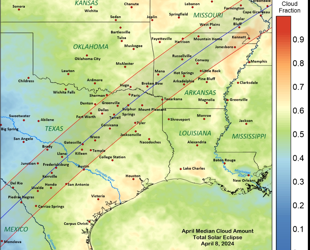 Map of the path of totality through the state of Texas