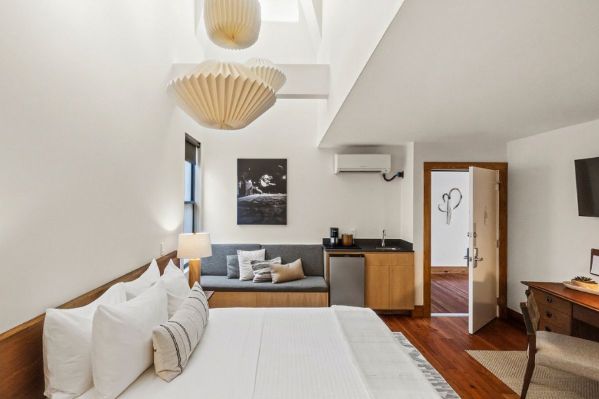 Heywood Hotel boutique hotel room in East Austin, TX with natural light and handcrafted furniture
