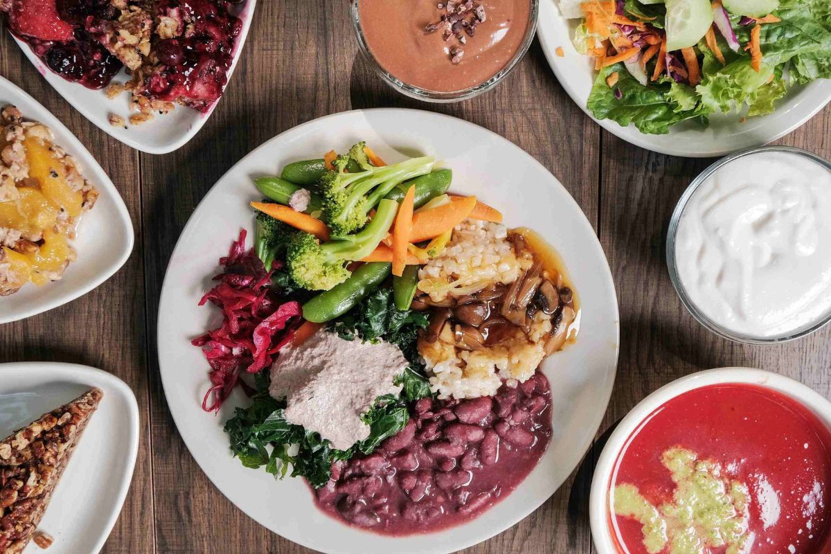 Plant-based dishes from Casa de Luz, a vegan and vegetarian restaurant in Austin, TX.