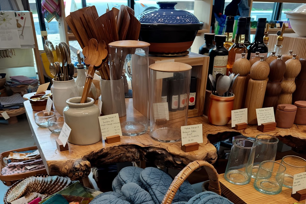 A display of thoughtfully sourced home goods and gifts inside take heart shop on East 11th Street in East Austin.